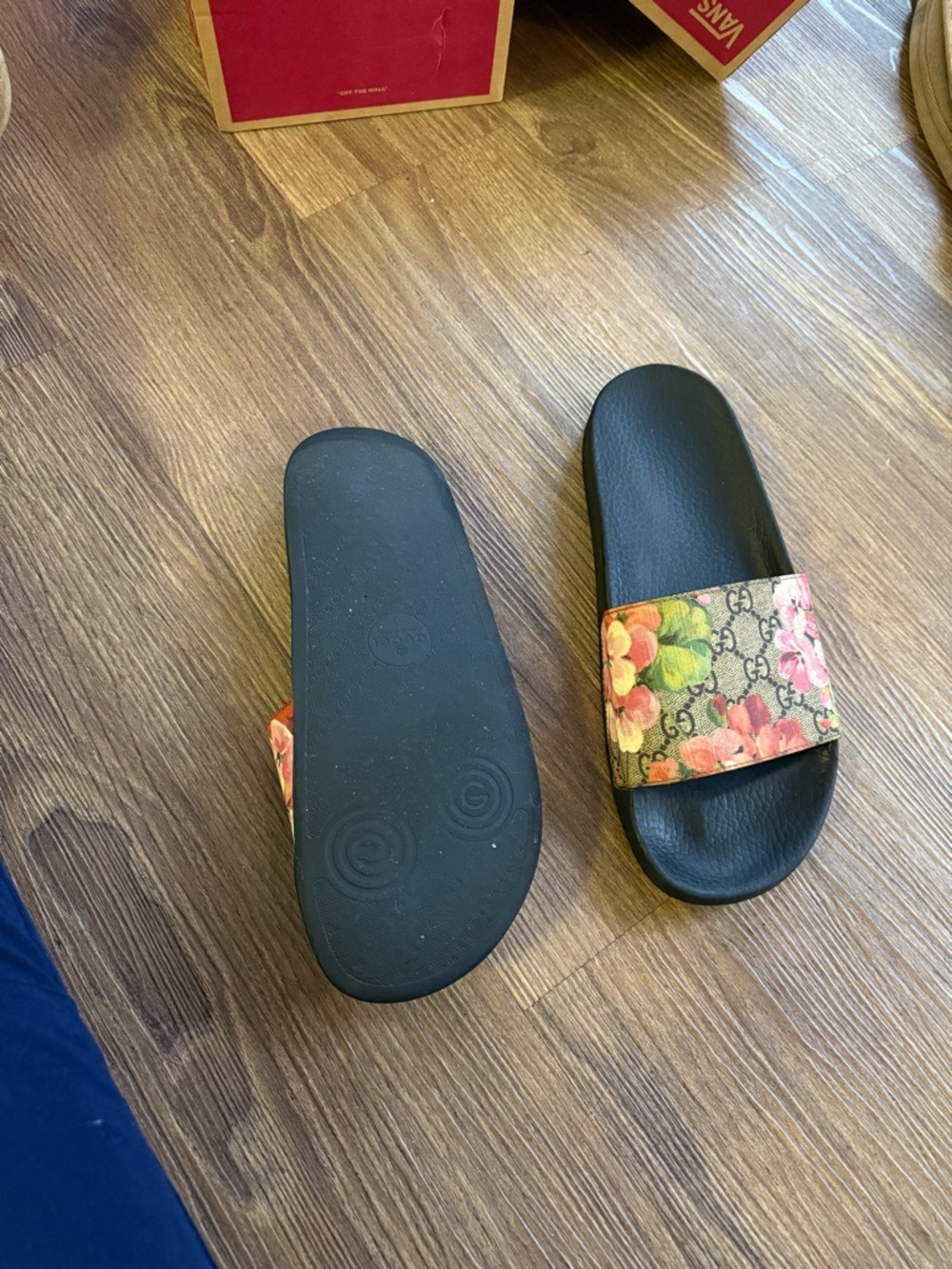 Gucci Floral GG Monogram Slide Sandals - Black with Pink & Green Floral Strap - Picture 2 of 3